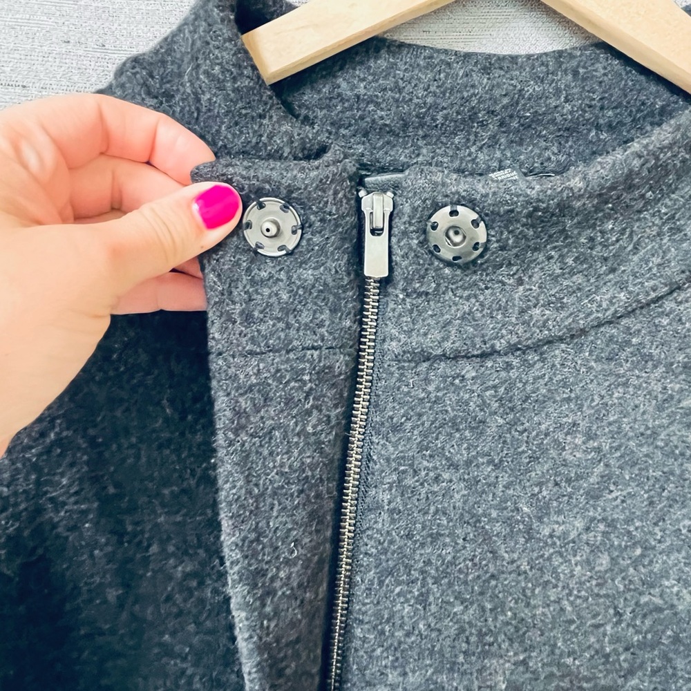 SOLD Eileen Fisher High Neck Black Leather Sleeve Dark Grey Wool Jacket Size XL - Picture 8 of 11